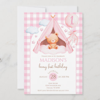 Invitation Pink Gingham Teddy Bear Balloon Girl 1st Birthday