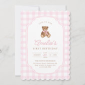 Invitation Pink Gingham Teddy Bear Beary First Birthday (Devant)
