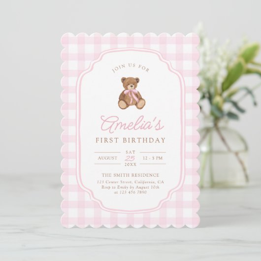 Invitation Pink Gingham Teddy Bear Beary First Birthday (Debout devant)