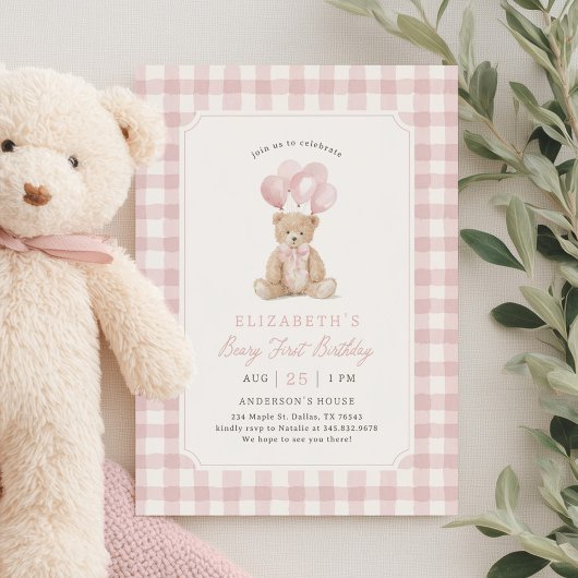 Invitation Pink Gingham Teddy Bear Beary First Birthday