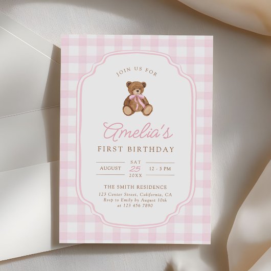 Invitation Pink Gingham Teddy Bear Beary First Birthday