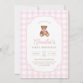 Invitation Pink Gingham Teddy Bear Beary First Birthday (Devant)