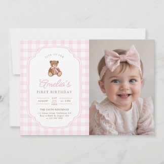 Invitation Pink Gingham Teddy Bear Beary First Birthday Photo