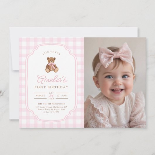 Invitation Pink Gingham Teddy Bear Beary First Birthday Photo (Devant)