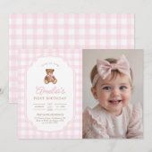 Invitation Pink Gingham Teddy Bear Beary First Birthday Photo (Devant / Derrière)
