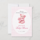 Invitation Pink Gingham Teddy Bear Neutral Baby Shower (Devant)