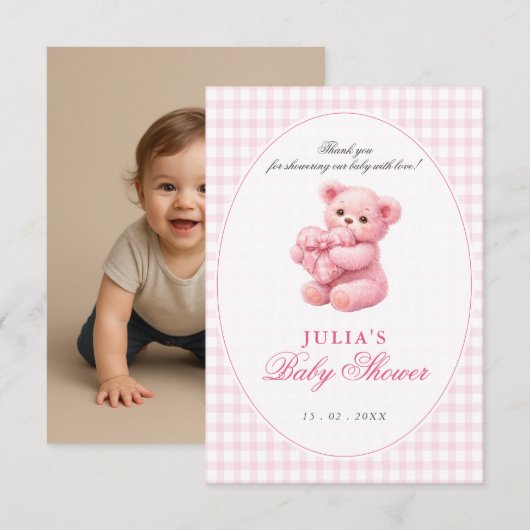 Invitation Pink Gingham Teddy Bear Neutral Baby Shower (Devant / Derrière)
