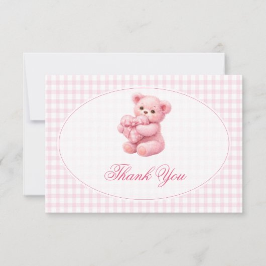 Invitation Pink Gingham Teddy Bear Neutral Baby Shower (Devant)