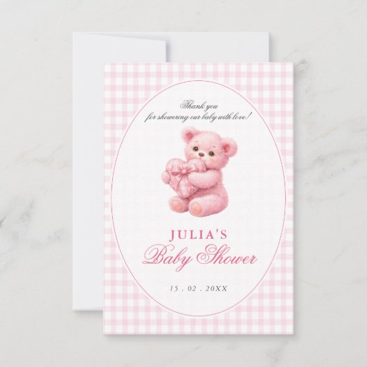 Invitation Pink Gingham Teddy Bear Neutral Baby Shower (Devant)