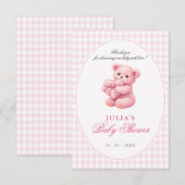 Invitation Pink Gingham Teddy Bear Neutral Baby Shower (Devant / Derrière)