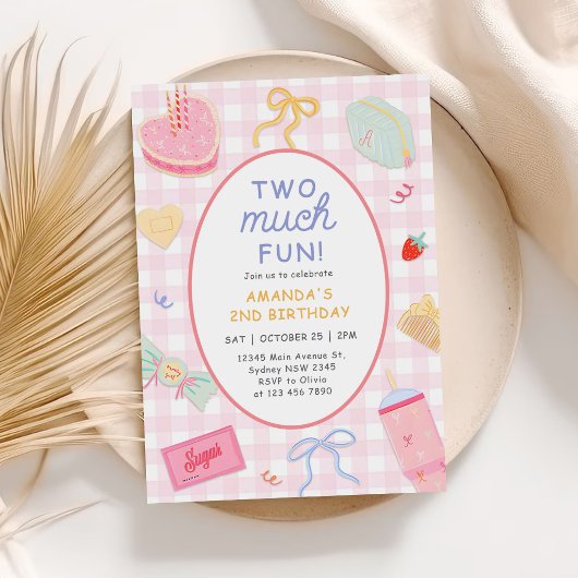 Invitation Pink Gingham "Two Much Fun" Girl 2nd Birthday