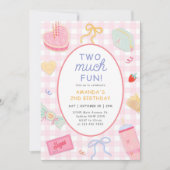 Invitation Pink Gingham "Two Much Fun" Girl 2nd Birthday (Devant)