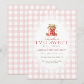 Invitation Pink Gingham Two Sweet Strawberry Birthday (Devant / Derrière)