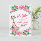 Invitation Pink Giraffe Floral Baby Shower (Debout devant)
