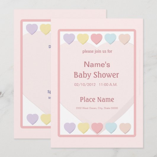 Invitation Pink Girl Baby shower Pastel Hearts (Devant / Derrière)