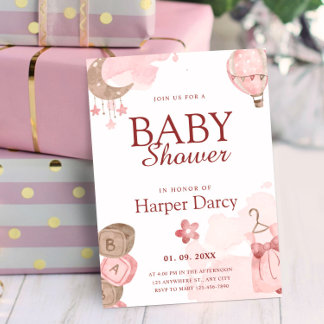Invitation Pink Girl Baby Shower with Moon & Hot Air Balloon