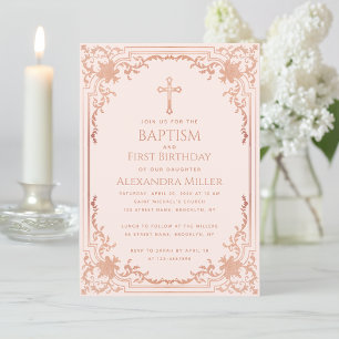 Invitation Pink Girl Baptism premier anniversaire Vintage Ros
