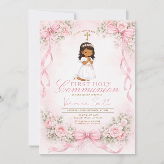 Invitation Pink Girl Bow Floral First Holy Communion (Devant)