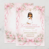 Invitation Pink Girl Bow Floral First Holy Communion (Devant / Derrière)