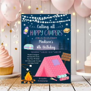Invitation Pink Girl Camping S'mores Sleepover Anniversaire