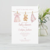 Invitation Pink Girl Clothesline Baby Shower All In One (Debout devant)