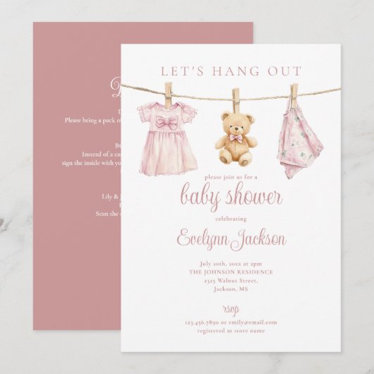 Invitation Pink Girl Clothesline Baby Shower All In One (Devant / Derrière)