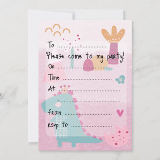 Invitation Pink Girl Dino Birthday Party Fill--In
