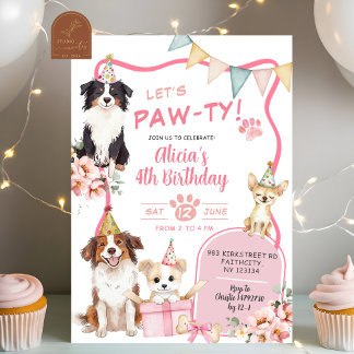 Invitation Pink Girl Dog let's Pawty Birthday