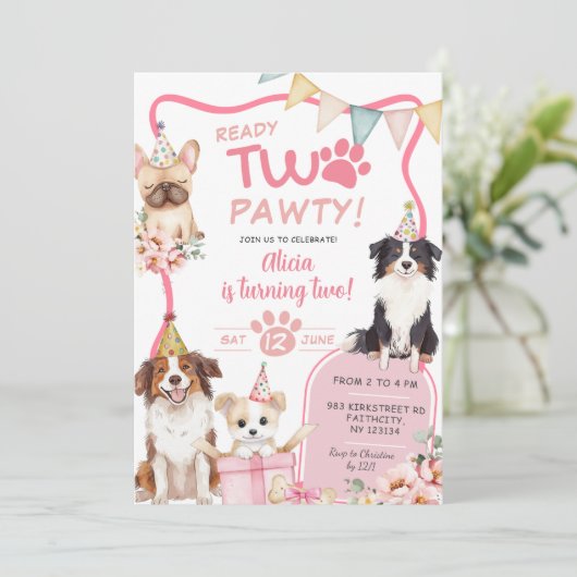 Invitation Pink Girl Dog Ready TWO pawty (Debout devant)
