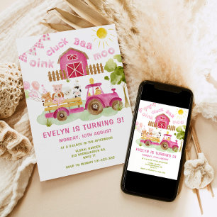 Invitation Pink girl Farm animaux 3e anniversaire