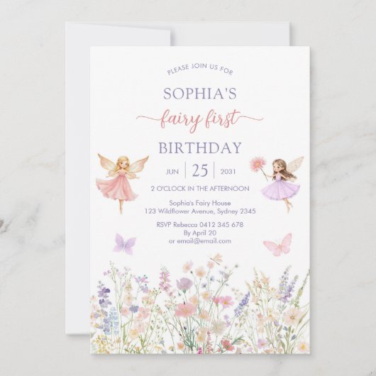 Invitation Pink Girl Floral Fairy First 1st Birthday (Devant)