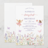 Invitation Pink Girl Floral Fairy First 1st Birthday (Devant / Derrière)