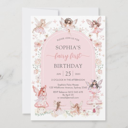 Invitation Pink Girl Floral Fairy First 1st Birthday (Devant)