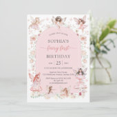 Invitation Pink Girl Floral Fairy First 1st Birthday (Debout devant)