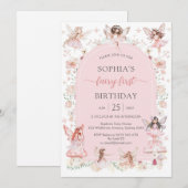 Invitation Pink Girl Floral Fairy First 1st Birthday (Devant / Derrière)