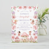 Invitation Pink Girl Floral Fairy First 1st Birthday (Debout devant)