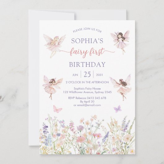 Invitation Pink Girl Floral Fairy First 1st Birthday (Devant)