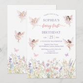 Invitation Pink Girl Floral Fairy First 1st Birthday (Devant / Derrière)