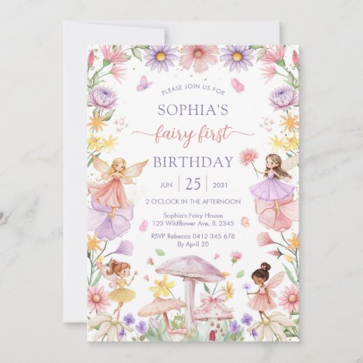 Invitation Pink Girl Floral Fairy First 1st Birthday (Devant)