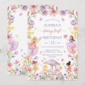 Invitation Pink Girl Floral Fairy First 1st Birthday (Devant / Derrière)