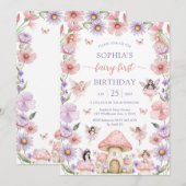 Invitation Pink Girl Floral Fairy First 1st Birthday (Devant / Derrière)