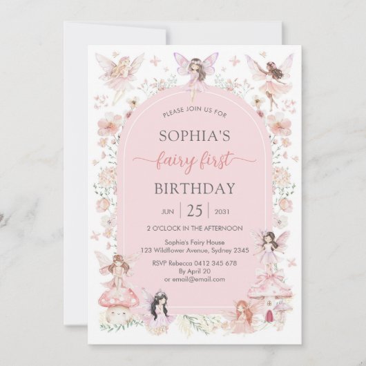 Invitation Pink Girl Floral Fairy First 1st Birthday (Devant)