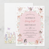 Invitation Pink Girl Floral Fairy First 1st Birthday (Devant / Derrière)