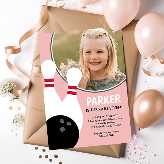 Invitation Pink Girl Photo Bowling Anniversaire
