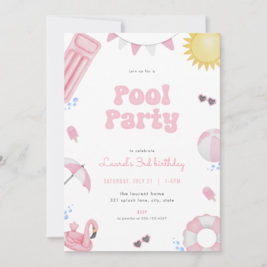 Invitation Pink Girl Summer Pool Party Anniversaire (Devant)