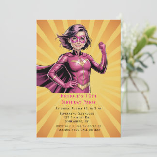 Invitation Pink Girl Superhero Birthday Party 