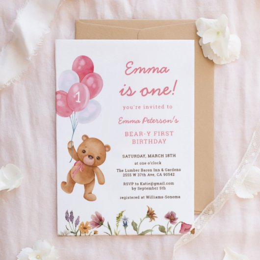 Invitation Pink Girl Teddy Bear 1er anniversaire