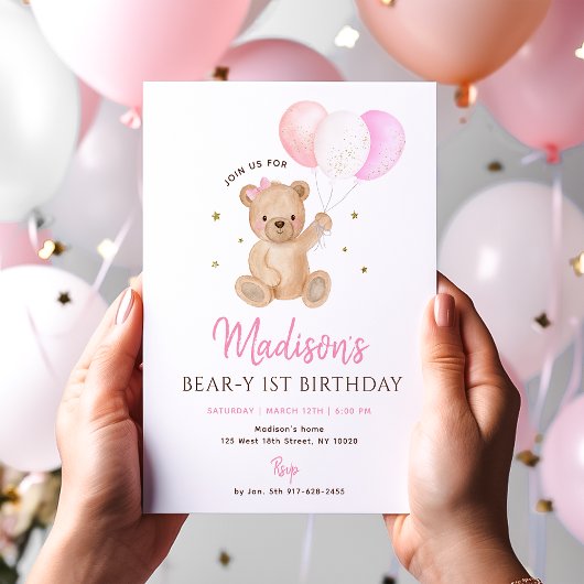 Invitation Pink Girl Teddy Bear Balloon First Birthday