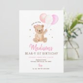 Invitation Pink Girl Teddy Bear Balloon First Birthday (Debout devant)