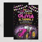 Invitation Pink Girl Tracteur 3e fête d'anniversaire (Devant / Derrière)